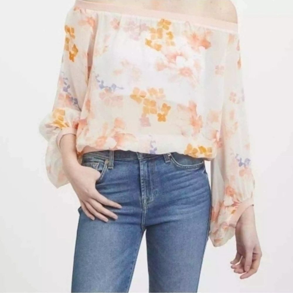7 For All Mankind White And Pink Silk Off The Shoulder Blouse Size Small
